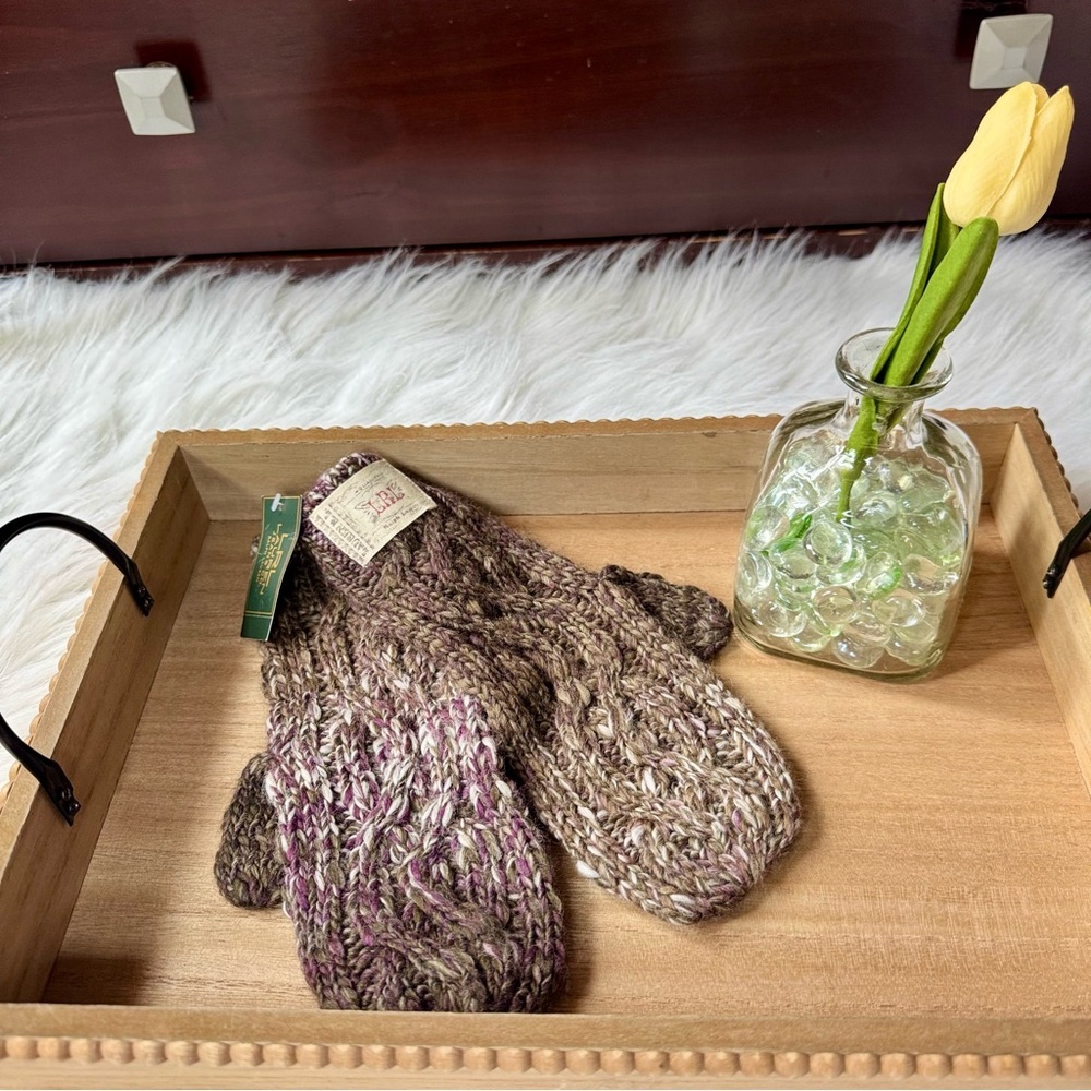 LRL Lauren Ralph Lauren Cable Knit Mittens Brown Marled Wool Blend NWT Winter Gl